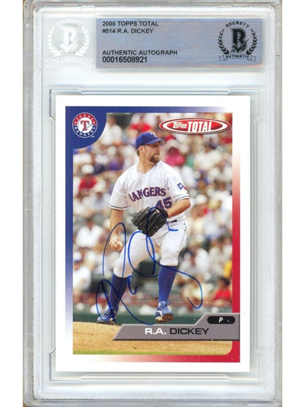 R.A. Dickey Signed 2005 Topps Total #514 RC Texas Rangers Beckett BAS Slab Auto